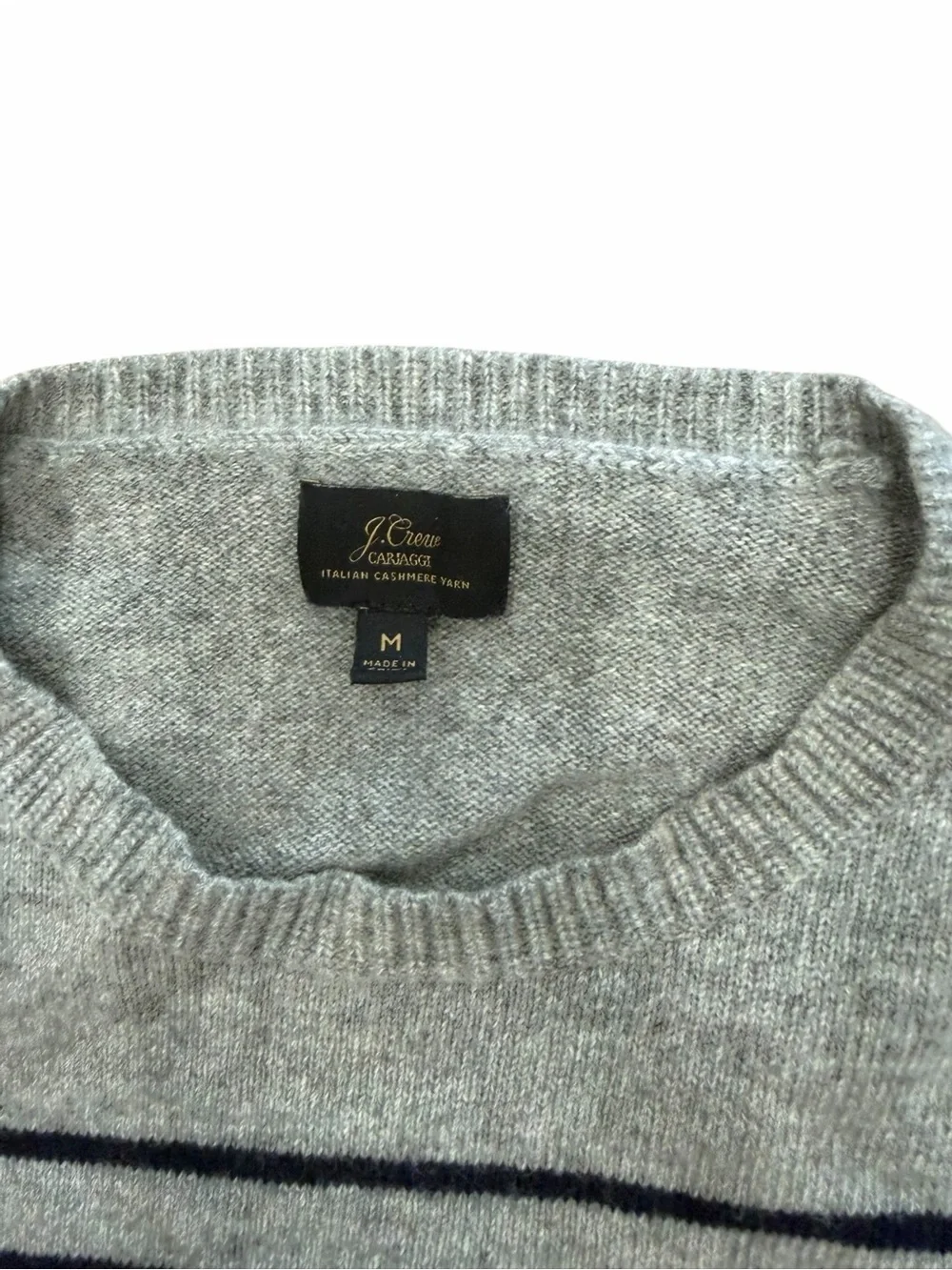 J. Crew 100% Cariaggi Cashmere Gray Crewneck Sweater with Navy Stripes M